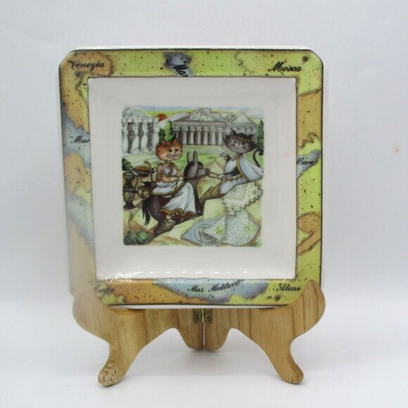 Tourist Cats Square Ceramic Plate 6.5" Made In Italy With Roman Travel Map Cats - Picture 4 of 4